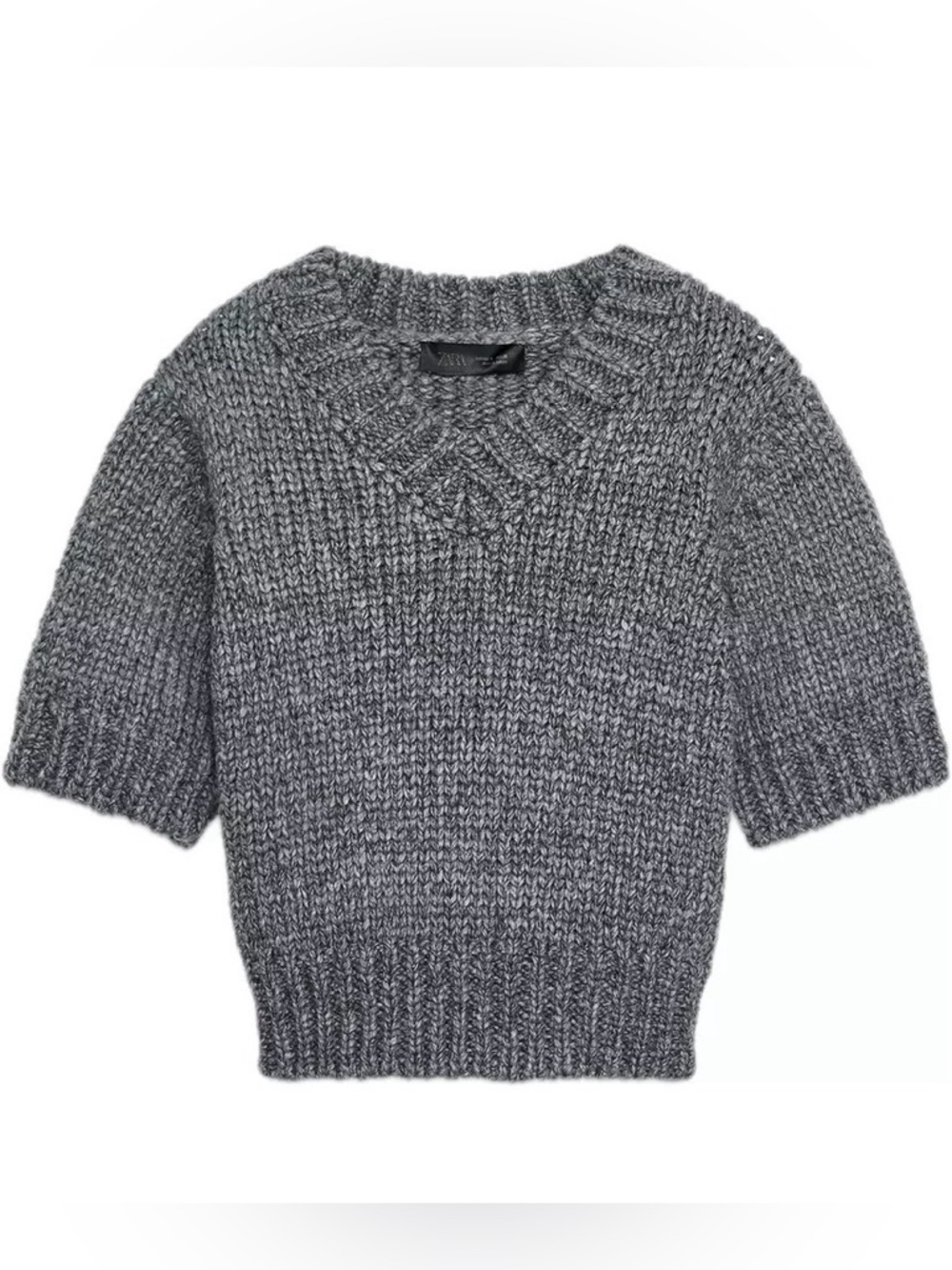 Zara Chunky Knit V-Neck Short Sleeve Gray Sweater - Size Medium